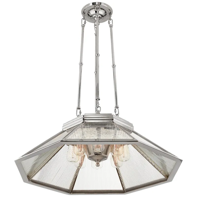 Ralph Lauren Rivington Medium Eight-Paneled Chandelier in Polished Nickel with Clear Ribbed Glass Ceiling Light W30.5"