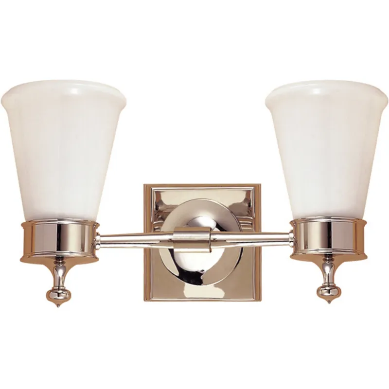 Visual Comfort Siena Double Sconce in Polished Nickel with White Glass Wall Light W15" x H8.25"