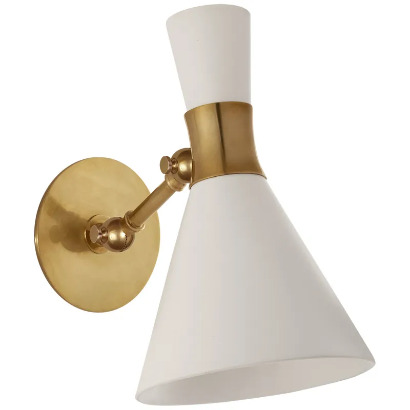 Visual Comfort Liam Small Articulating Sconce in Hand-Rubbed Antique Brass with Matte White Shade Wall Light W7" x H11"