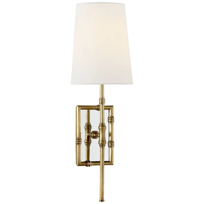 Visual Comfort Grenol Single Modern Bamboo Sconce in Hand-Rubbed Antique Brass with Linen Shade Wall Light W5" x H17.75"