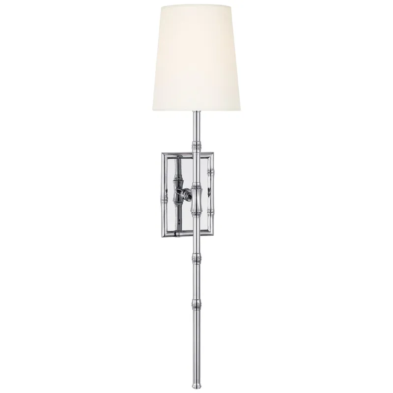 Visual Comfort Grenol Single Bamboo Tail Sconce in Polished Nickel with Linen Shade Wall Light W6" x H26"