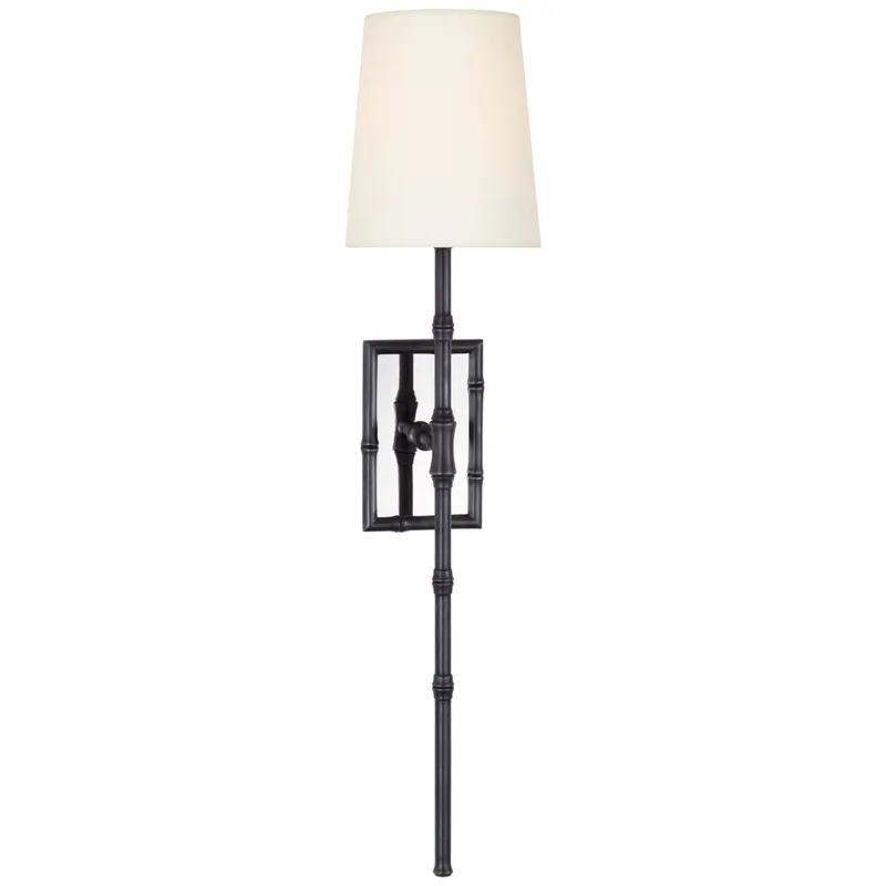 Visual Comfort Grenol Single Bamboo Tail Sconce in Bronze with Linen Shade Wall Light W6" x H26"