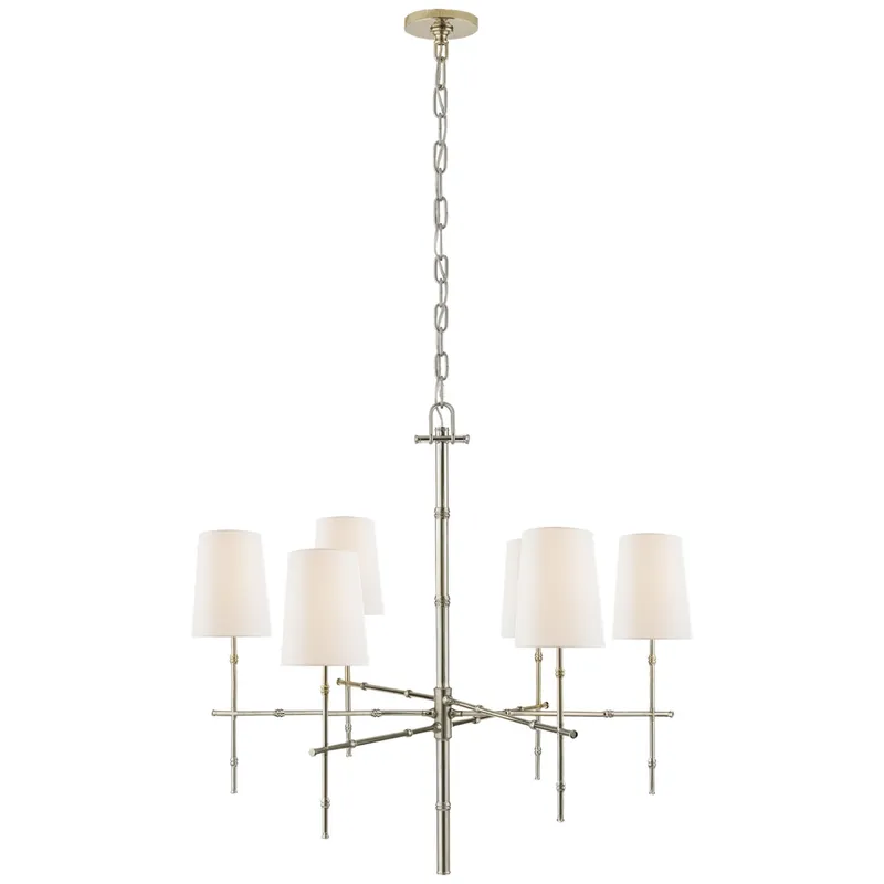 Visual Comfort Grenol Medium Modern Bamboo Chandelier in Polished Nickel with Linen Shades Ceiling Light W33.25" x H31.75"
