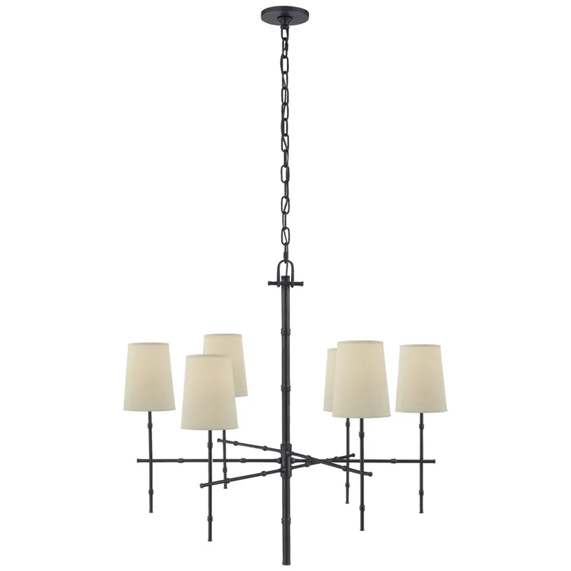 Visual Comfort Grenol Medium Modern Bamboo Chandelier in Bronze with Natural Percale Shades Ceiling Light W33.25" x H31.75"