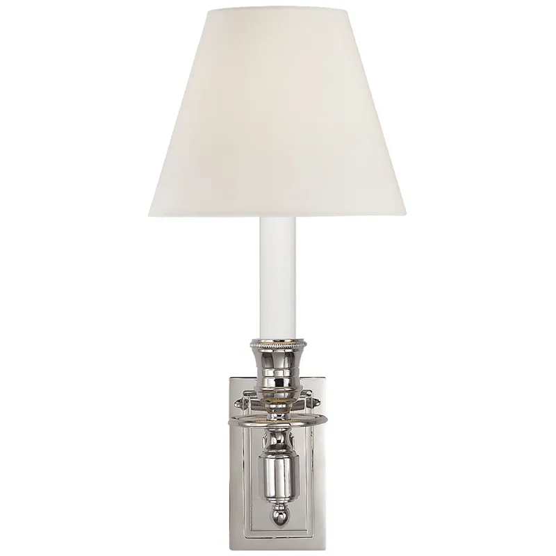 Visual Comfort French Single Library Sconce in Polished Nickel with Linen Shade Wall Light W6" x H12"