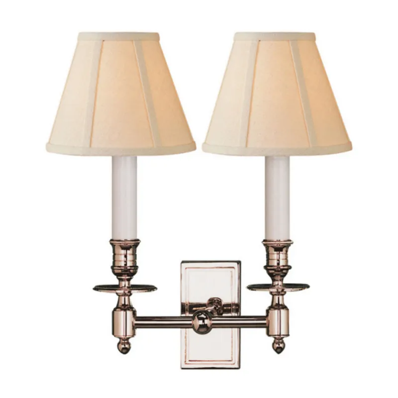 Visual Comfort French Double Library Sconce in Polished Nickel with Linen Shades Wall Light W12" x H12"