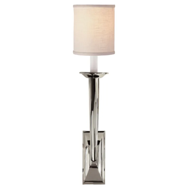 Visual Comfort French Deco Horn Sconce in Polished Nickel with Linen Shade Wall Light W5" x H23.5"