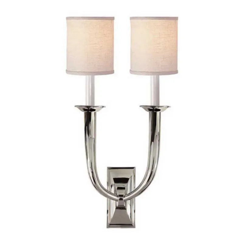 Visual Comfort French Deco Horn Double Sconce in Polished Nickel with Linen Shades Wall Light W12.25" x H22"