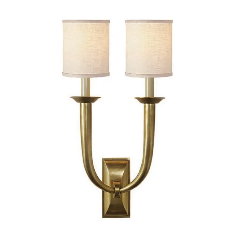 Visual Comfort French Deco Horn Double Sconce in Hand-Rubbed Antique Brass with Linen Shades Wall Light W12.25" x H22"