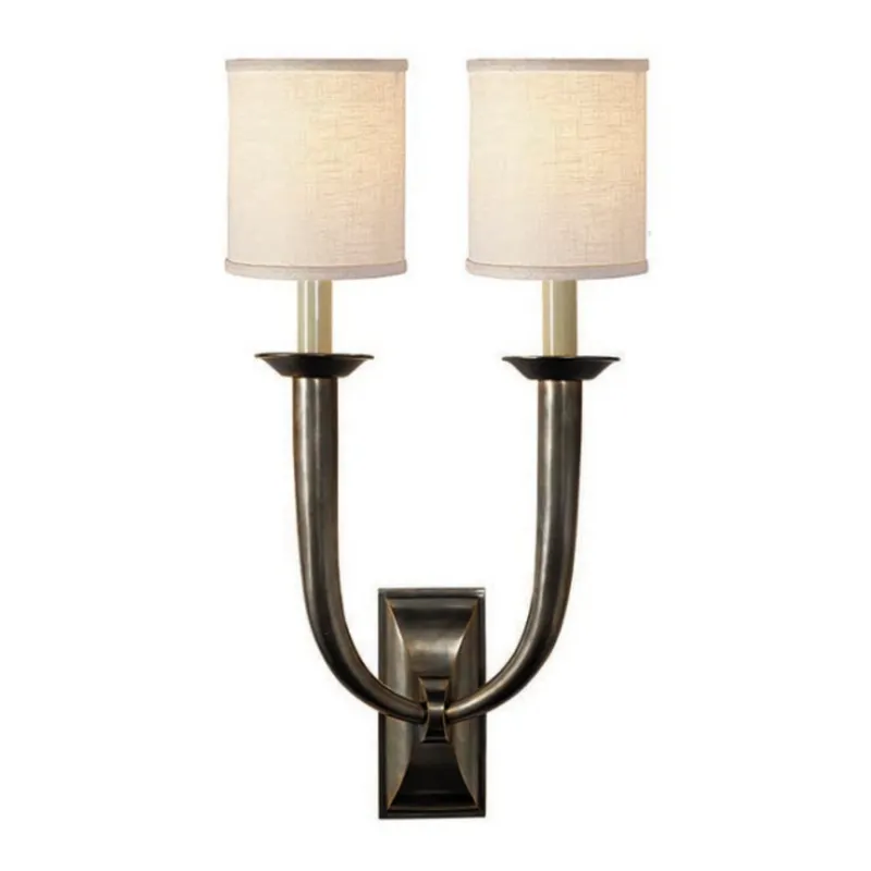 Visual Comfort French Deco Horn Double Sconce in Bronze with Linen Shades Wall Light W12.25" x H22"