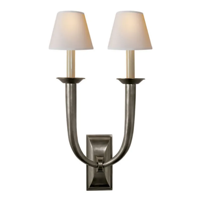 Visual Comfort French Deco Horn Double Sconce in Bronze with Natural Paper Shades Wall Light W12.25" x H22"