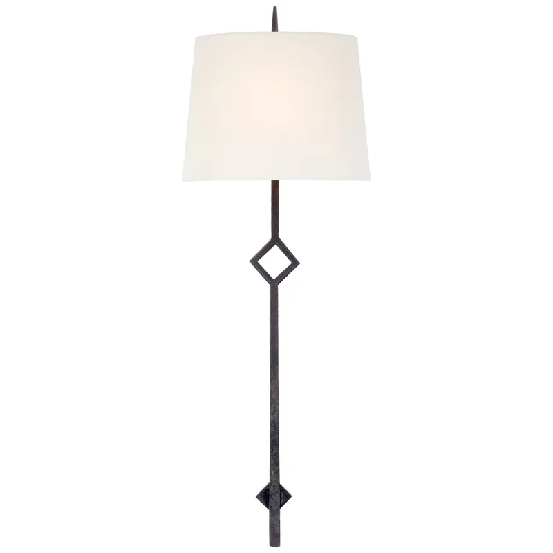 Visual Comfort Cranston Large Sconce in Aged Iron with Linen Shade Wall Light W13" x H37"