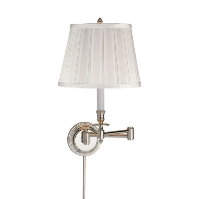 Visual Comfort Candlestick Swing Arm in Polished Nickel with Silk Shade Wall Light W19.25" x H16"