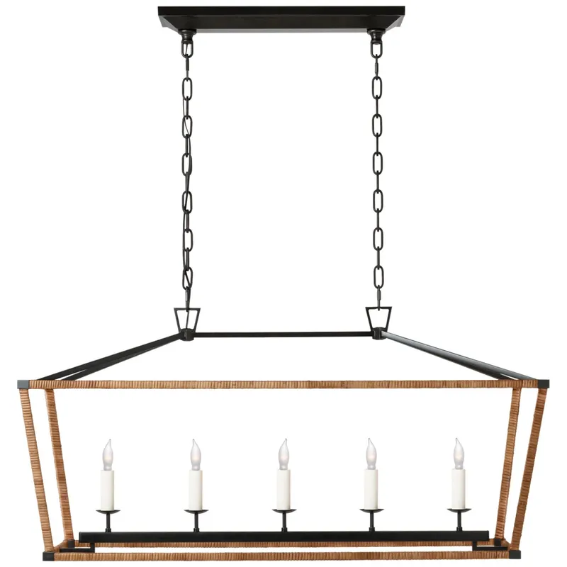 Chapman & Myers Darlana Medium Rattan Wrapped Linear Lantern in Aged Iron and Natural Rattan Ceiling Light W41" X 13" x H20"