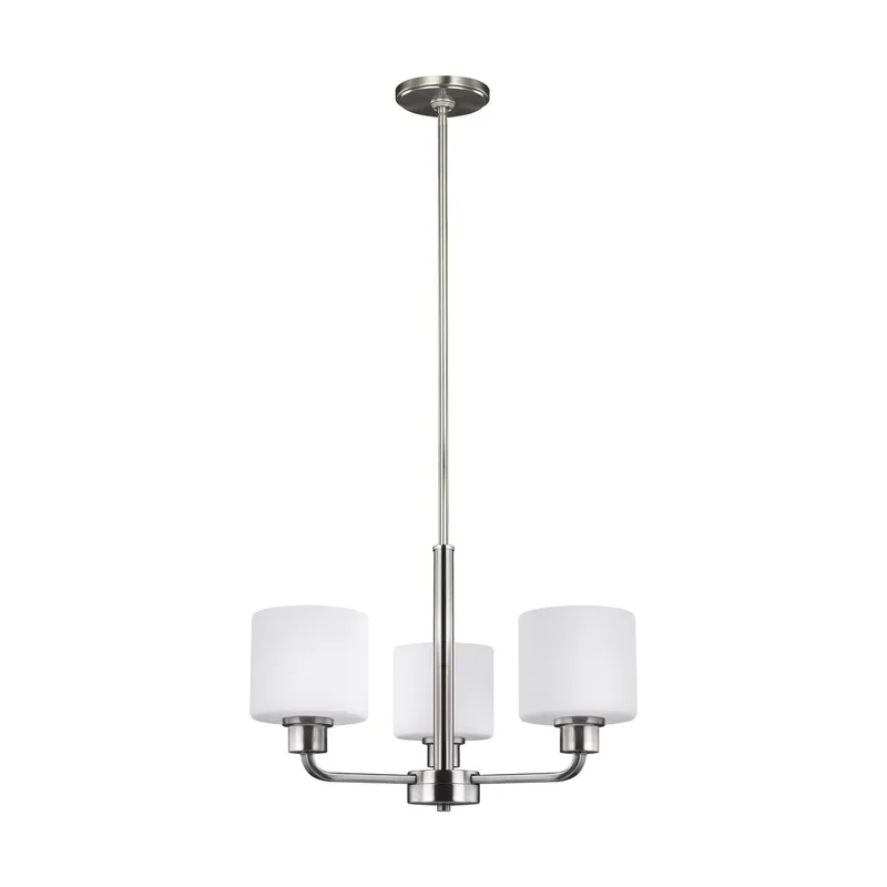 Canfield Three Light Chandelier LED Modern 13.125" Height Steel Round Etched / White Inside Shade in Brushed Nickel