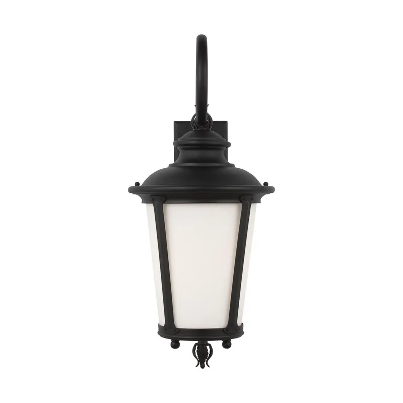 Cape May Large One Light Outdoor Wall Lantern LED Traditional Fixture 11" Width 26.25" Height Aluminum Round Etched / White Inside Shade in Black