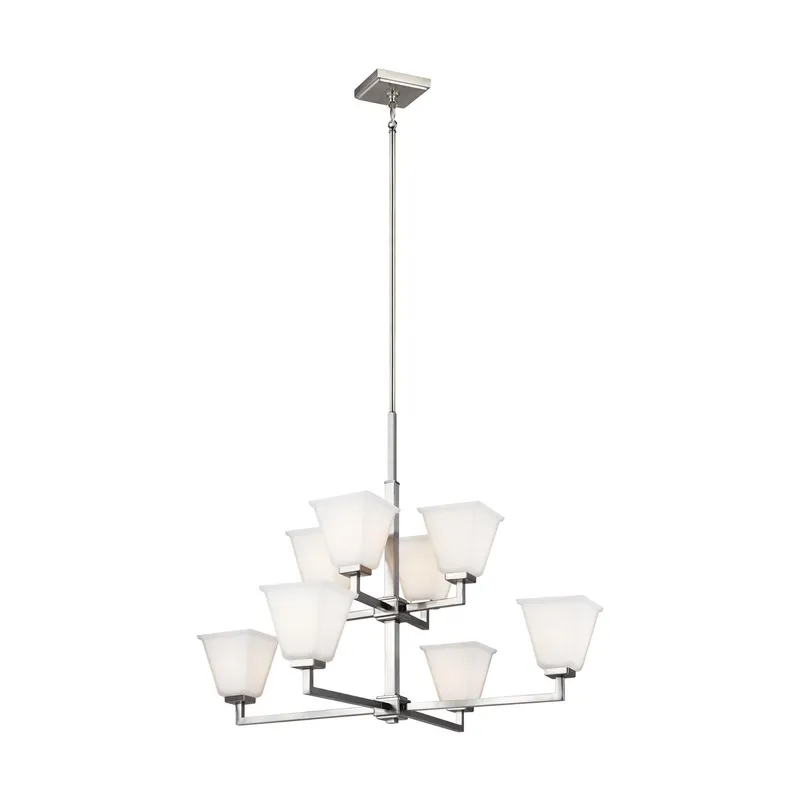 Ellis Harper Eight Light Chandelier LED Transitional 35.5" Width 27.75" Height Steel Square Etched / White Inside Shade in Brushed Nickel