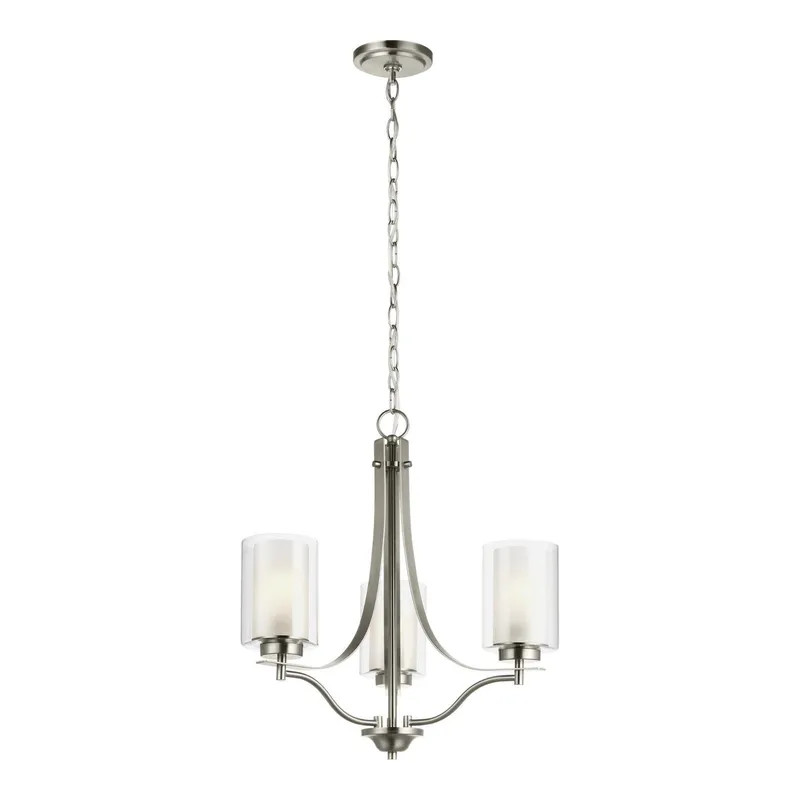 Elmwood Park Three Light Chandelier LED Traditional 21" Height Steel Round Satin Etched Shade in Brushed Nickel