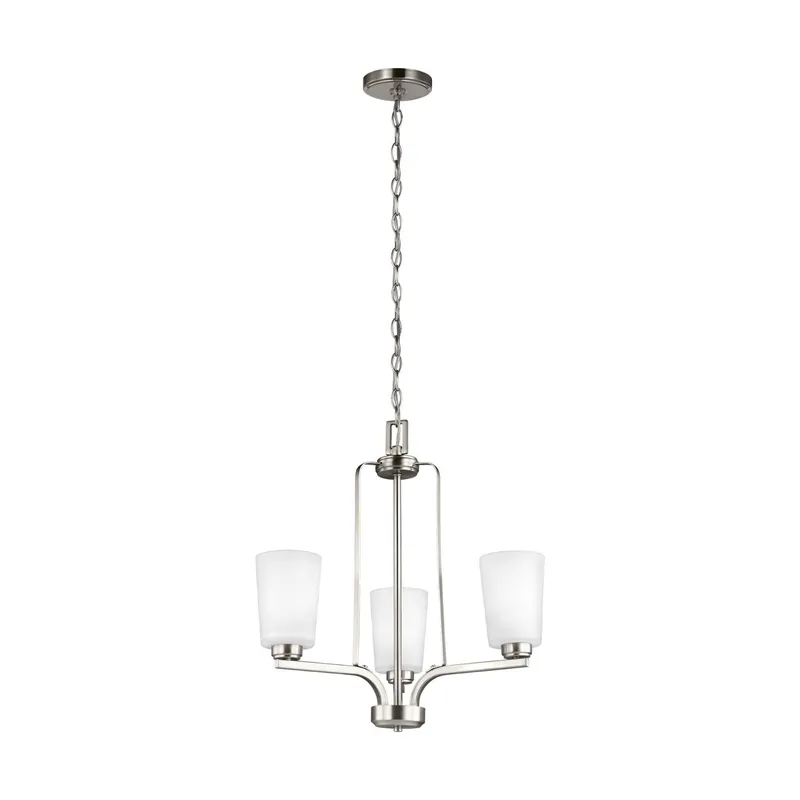 Franport Three Light Chandelier LED Traditional 21" Height Steel Round Etched / White Inside Shade in Brushed Nickel