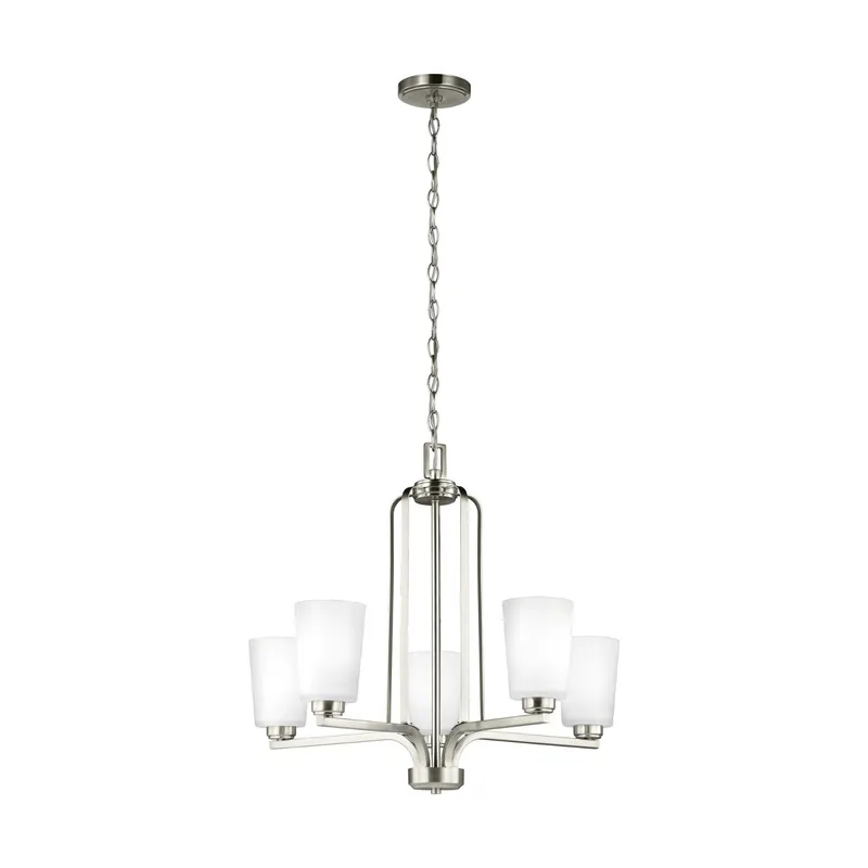 Franport Five Light Chandelier LED Traditional 22.875" Height Steel Round Etched / White Inside Shade in Brushed Nickel