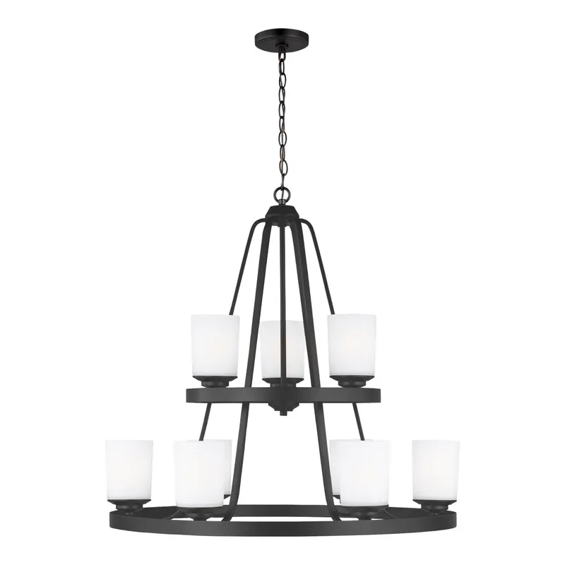 Kemal Nine Light Chandelier LED Transitional 29" Height Steel Round Etched / White Inside Shade in Midnight Black
