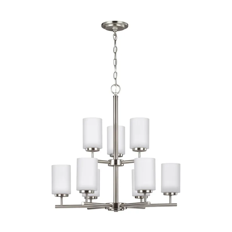Oslo Nine Light Chandelier LED Contemporary 26.75" Height Steel Round Cased Opal Etched Shade in Brushed Nickel