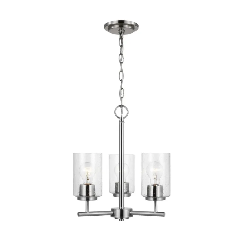 Oslo Three Light Chandelier Contemporary 16.5" Height Steel Round Clear Seeded Shade in Brushed Nickel