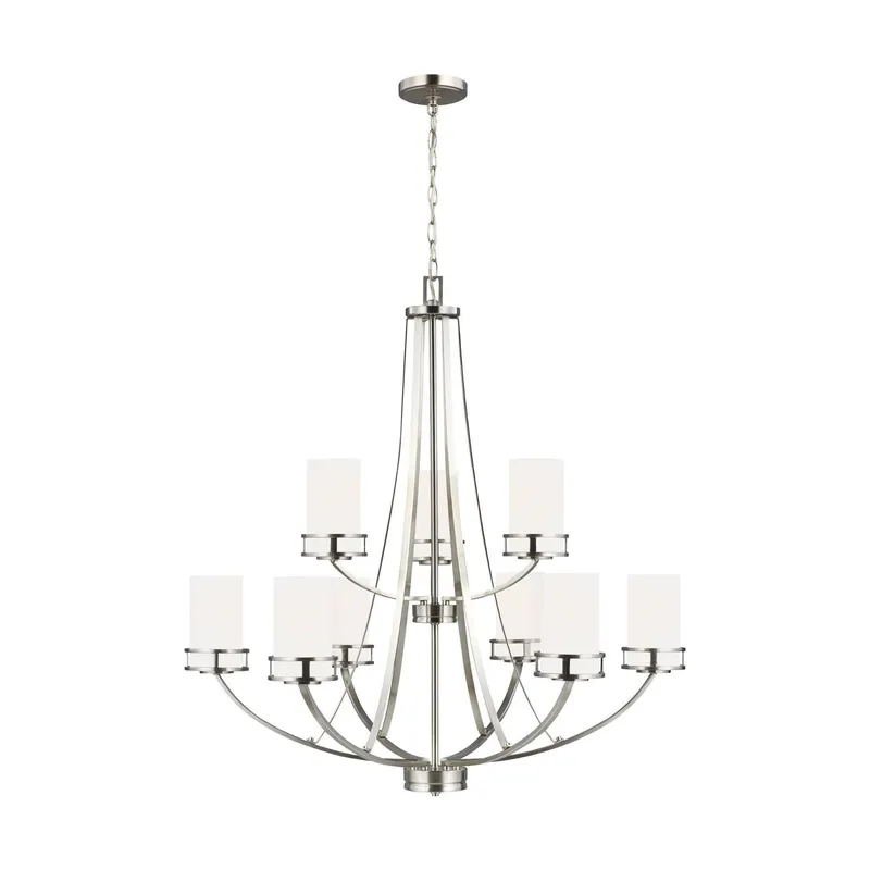 Robie Nine Light Chandelier LED Transitional 34" Height Steel Round Etched / White Inside Shade in Brushed Nickel
