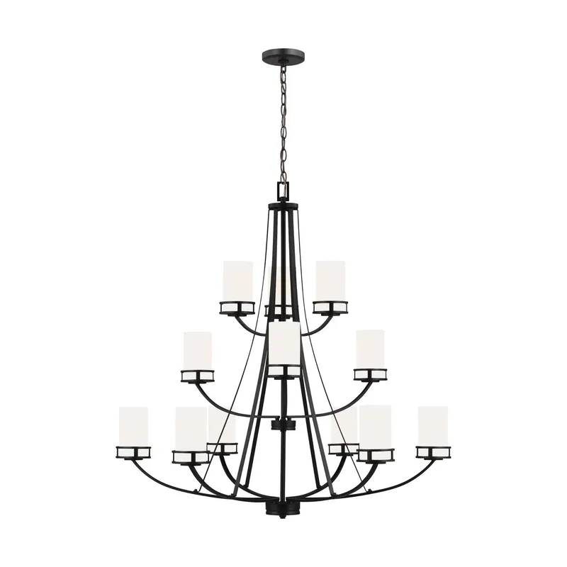 Robie Twelve Light Chandelier LED Transitional 40.625" Height Steel Round Etched / White Inside Shade in Midnight Black