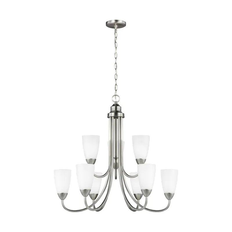 Seville Nine Light Chandelier LED Transitional 27.125" Height Steel Round Etched / White Inside Shade in Brushed Nickel