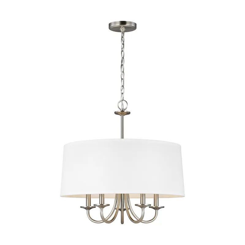 Seville Five Light Shade Chandelier LED Transitional 22.125" Height Steel Round White Linen in Brushed Nickel