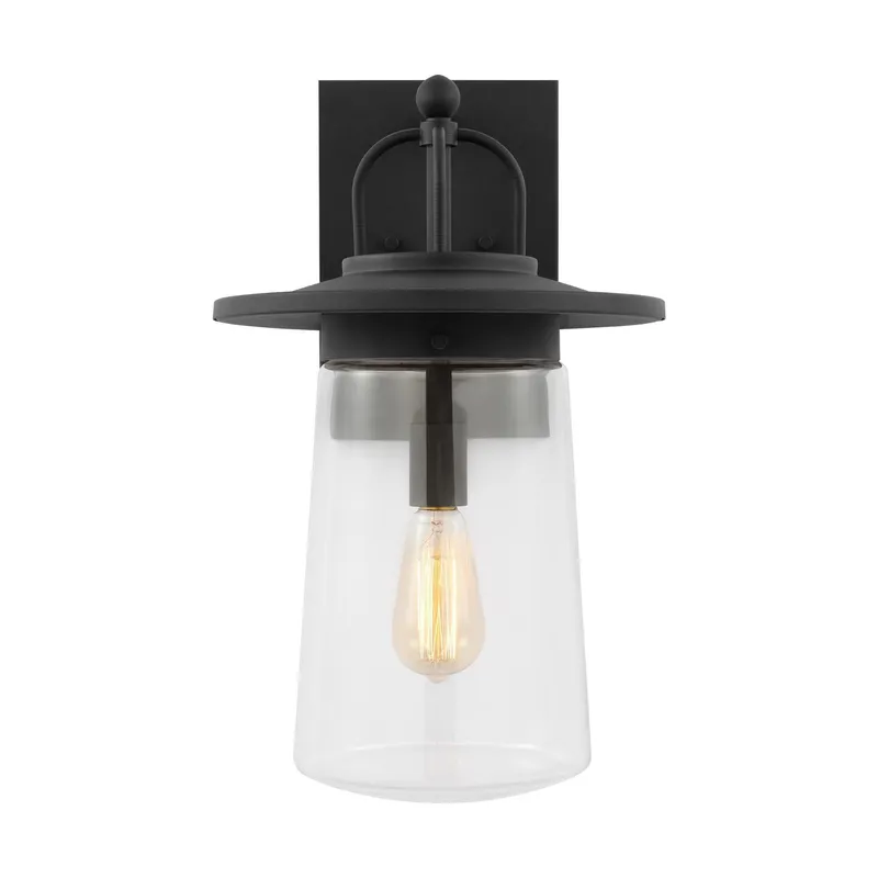 Tybee Large One Light Outdoor Wall Lantern Casual Fixture 10" Width 18.625" Height Aluminum Round Clear Shade in Black