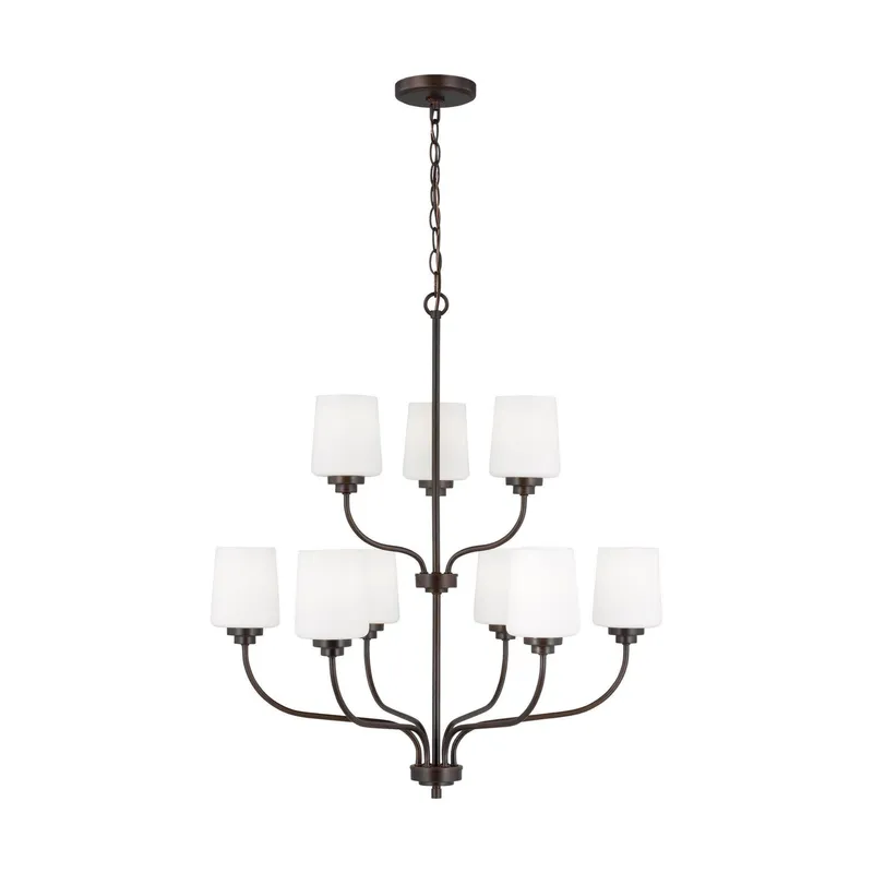 Windom Nine Light Chandelier Traditional 28" Width 30" Height Steel Round Etched / White Inside Shade in Bronze