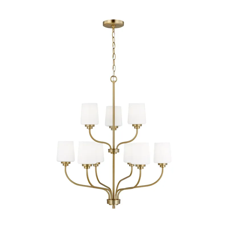Windom Nine Light Chandelier Traditional 28" Width 30" Height Steel Round Etched / White Inside Shade in Satin Brass