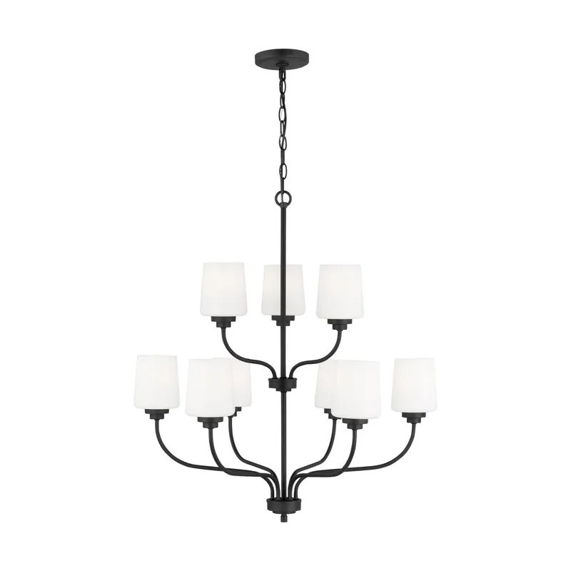 Windom Nine Light Chandelier LED Traditional 28" Width 30" Height Steel Round Etched / White Inside Shade in Midnight Black