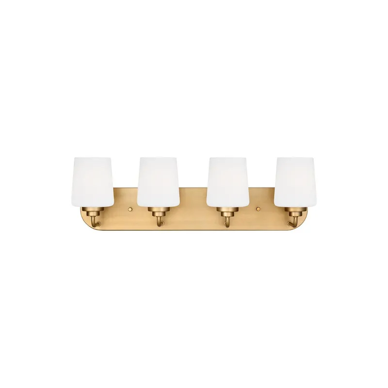Windom Four Light Wall / Bath LED Traditional Fixture 24.375" Width 7.5" Height Steel Round Etched White Inside Shade in Satin Brass