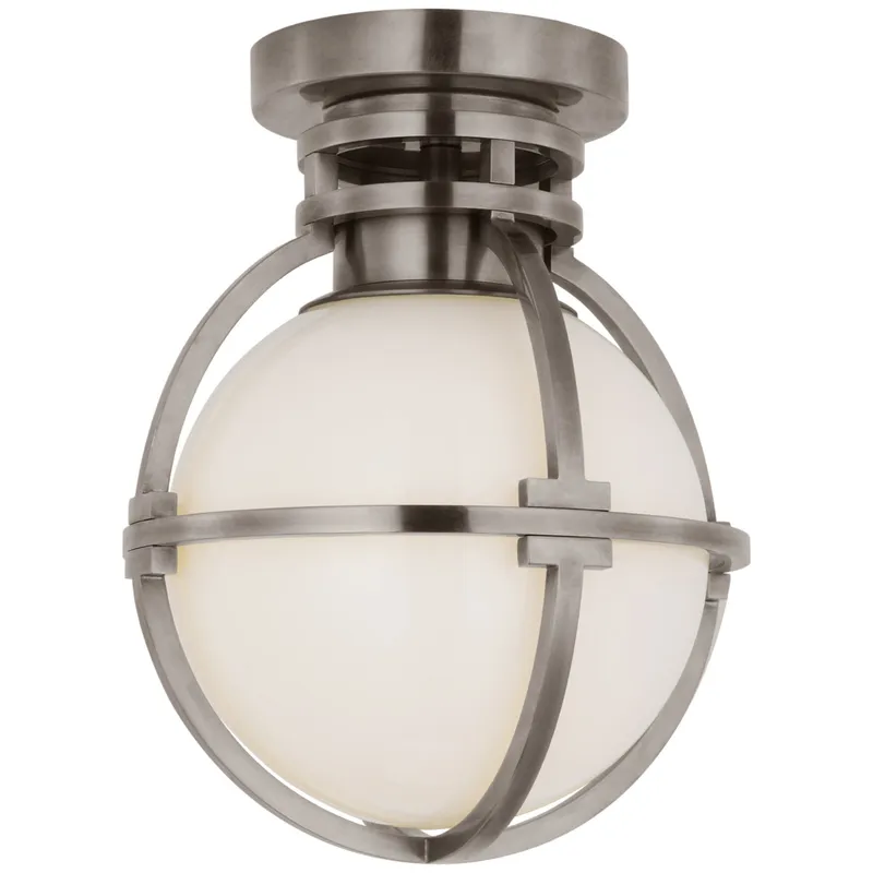 Chapman & Myers Gracie 7" Captured Globe Flush Mount in Antique Nickel with White Glass Ceiling Light W7.25" x H9.5"