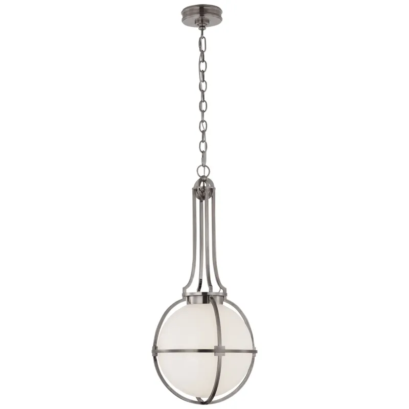 Chapman & Myers Gracie Medium Captured Globe Pendant in Antique Nickel with White Glass Ceiling Light W13" x H29.5"