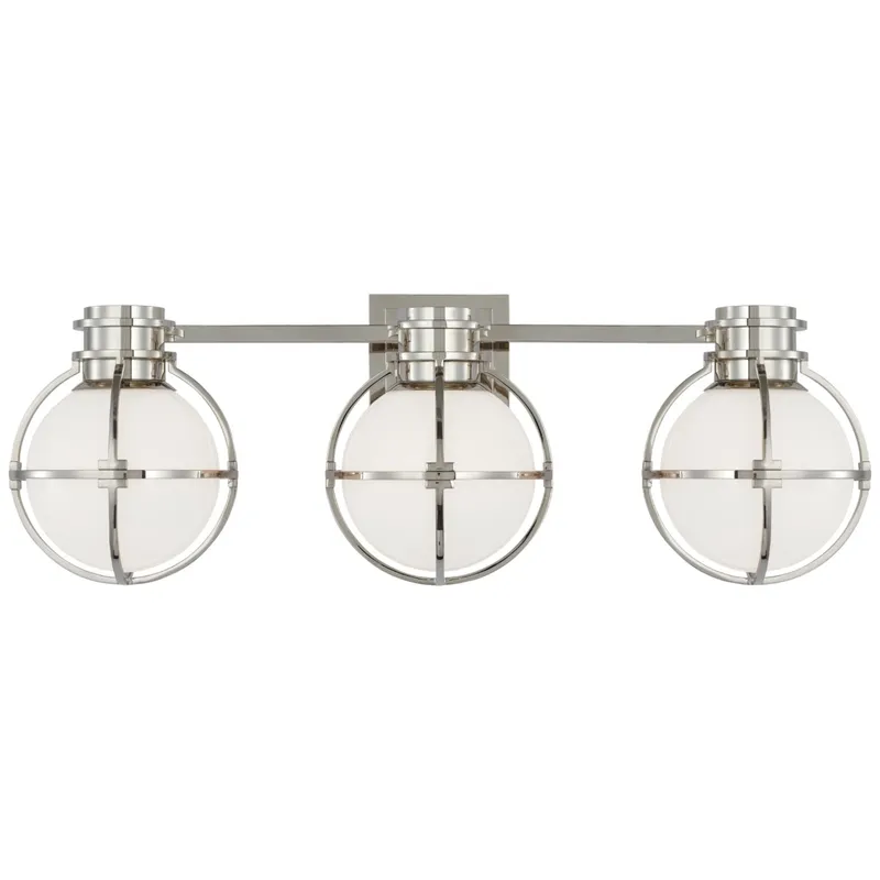 Chapman & Myers Gracie Triple Sconce in Polished Nickel with White Glass Wall Light W24.25" x H8.5"
