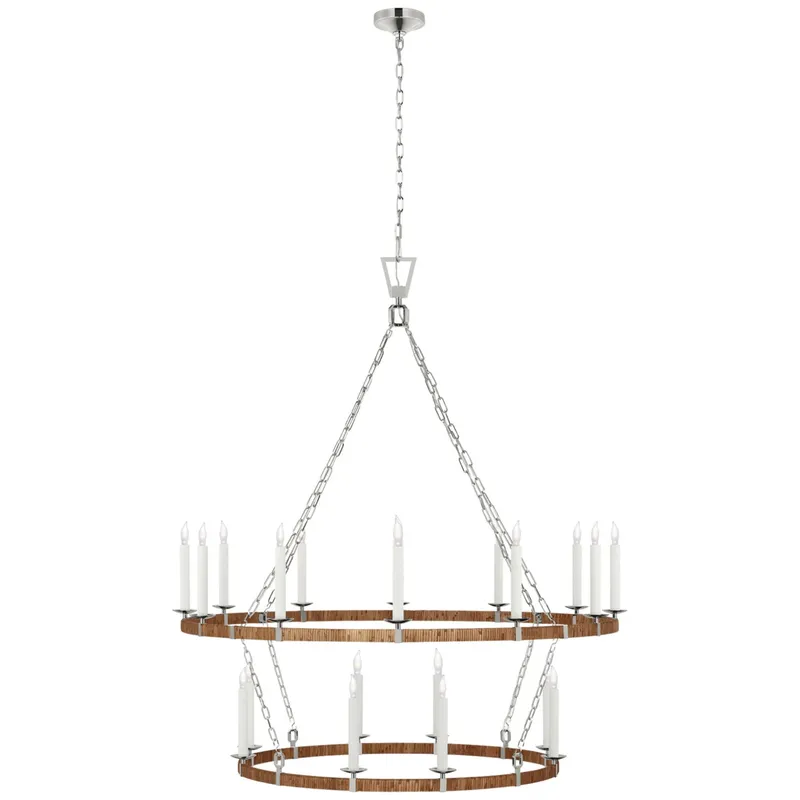 Chapman & Myers Darlana Extra Large Two Tier Chandelier in Polished Nickel and Natural Rattan Ceiling Light W52.25" x H59.75"