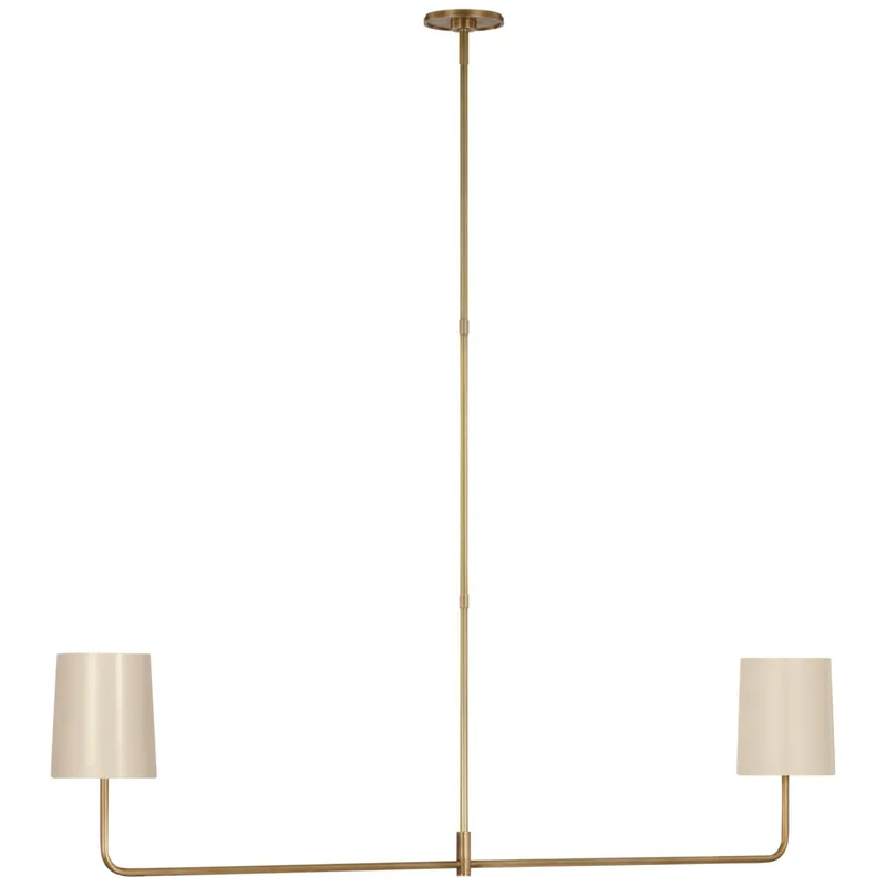 Barbara Barry Go Lightly 54" Two Light Linear Chandelier in Soft Brass with China White Shades Ceiling Light W54"