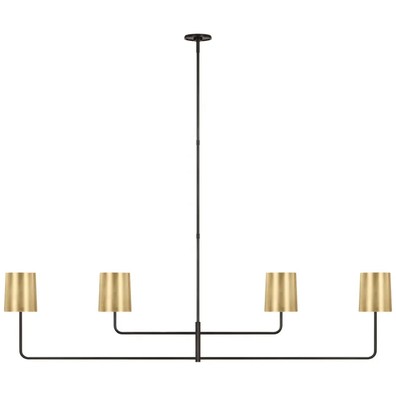 Barbara Barry Go Lightly 70" Four Light Linear Chandelier in Bronze with Soft Brass Shades Ceiling Light W70"