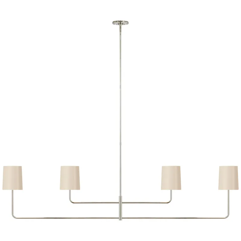 Barbara Barry Go Lightly 70" Four Light Linear Chandelier in Polished Nickel with China White Shades Ceiling Light W70"