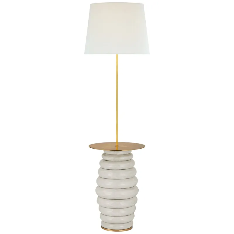 Kelly Wearstler Phoebe Extra Large Tray Table Floor Lamp in Antiqued White with Linen Shade W21" x H59.5"