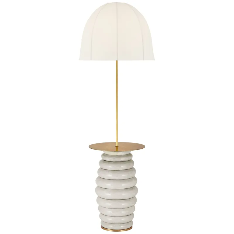 Kelly Wearstler Phoebe Extra Large Tray Table Floor Lamp in Antiqued White with Soft Domed Linen Shade W20.5" x H59.5"