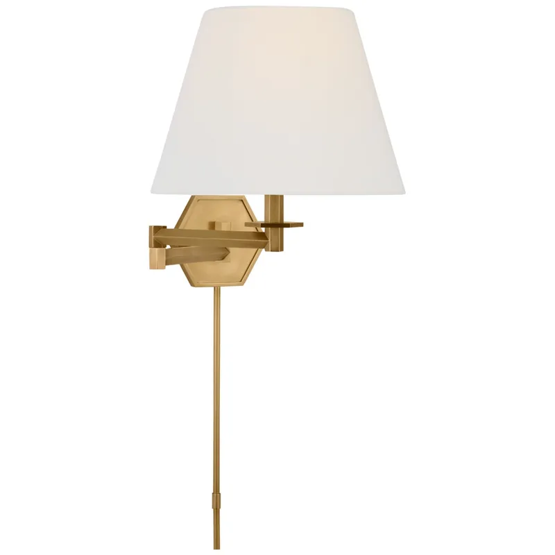 Paloma Contreras Olivier Swing Arm Wall Light in Hand-Rubbed Antique Brass with Linen Shade W12" x H14"