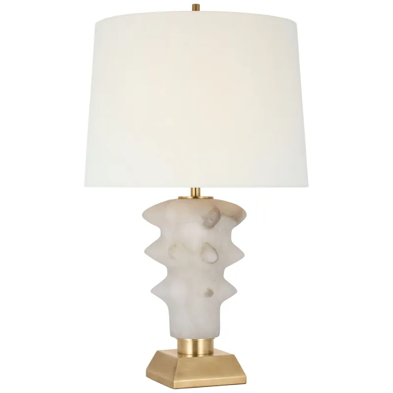 Thomas O'Brien Luxor Medium Table Lamp in Alabaster and Hand-Rubbed Antique Brass with Linen Shade W14.5" x H25.25"