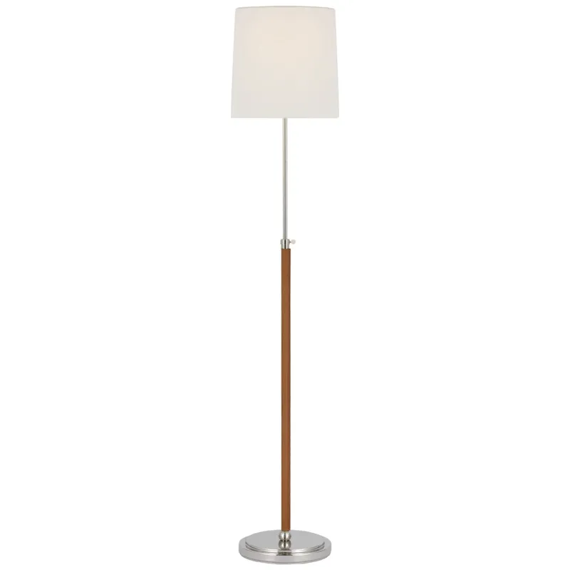 Thomas O'Brien Bryant Wrapped Floor Lamp in Polished Nickel and Natural Leather with Linen Shade W12" x H45.25" - 62"