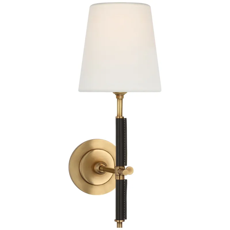 Thomas O'Brien Bryant Wrapped Sconce in Hand-Rubbed Antique Brass and Chocolate Leather with Linen Shade Wall Light W5.5" x H14.5"