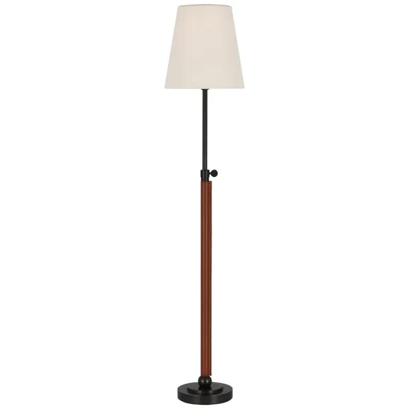 Thomas O'Brien Bryant Wrapped Table Lamp in Bronze and Saddle Leather with Linen Shade W6" x H24.5" - 30.5"